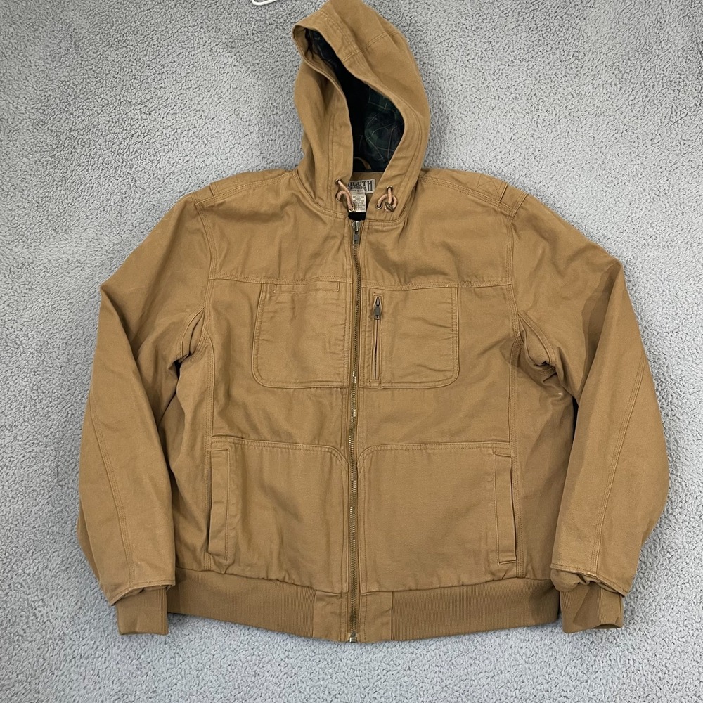 Duluth Trading Co Action Jacket Men XL Tan Canvas Flannel Lined Full Zip
